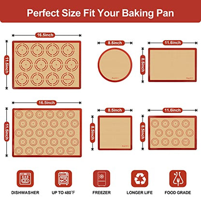 Silicone Baking Mat Set of 6, Easy Clean & Non-Stick Food Grade Reusable Baking Mat, Silicon Baking Mats Oven Liner Sheet, Round & Square Cake Mat, Pastry Board Rolling Dough Mats for Macaron Cookie