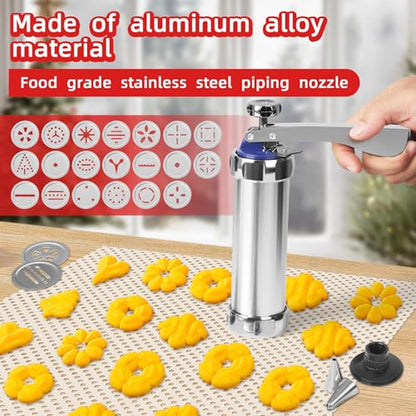 Spritz Cookie Press Kit - 20 Stainless Steel Discs & 8 Icing Nozzles - Professional Biscuit Maker with Effortless Trigger - Complete Spritz Cookie Maker for Homemade Treats and Pastry Decoration