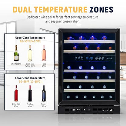 NewAir 24" Dual Zone Wine Fridge for 46 Bottles | Built-In or Freestanding Wine Cooler Refrigerator with Glass Door | Quiet Cooling & Adjustable Shelves for Red and White Wine | Black Stainless Steel