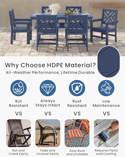 BIVODA 7-Piece Outdoor Dining Set, HDPE All-Weather Patio Table and Chairs Set for 6, Outdoor Patio Furniture Sets with Umbrella Hole for Outside, Deck, Backyard, Garden (Navy Blue)