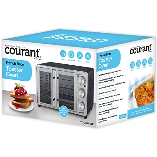 Courant French Door Convection Toaster Oven & Broiler, Bake Broil Toast Oven, Fits 9x13’’ Aluminum Baking Pan, 6-Slices, 10’’ Pizza, Convection Oven - Stainless Steel