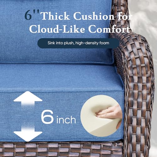 Belord Luxury 6" Thick Cushioned 11 Pieces Patio Furniture Set with Outdoor Couch, Wicker Outdoor Conversation Set with High Back Swivel Rocker Chairs for Deck Porch Yard and Poolside - Brown+Blue