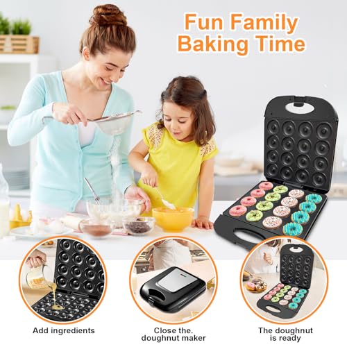 2026 Mini Donut Maker Machine for Home, Kid-Friendly 16-Hole Electric Doughnut and Pancake Maker with Non-Stick Surface, Ideal for Homemade Doughnuts (Black with Mini Oven Gloves & Brush)