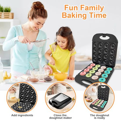 2026 Mini Donut Maker Machine for Home, Kid-Friendly 16-Hole Electric Doughnut and Pancake Maker with Non-Stick Surface, Ideal for Homemade Doughnuts (Black with Mini Oven Gloves & Brush)