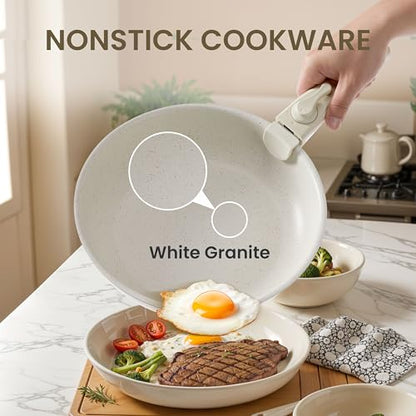 Simple Deluxe 12 Pcs Non-Stick Cookware Set, with Beige Granite Texture and Detachable Handles, Resistant to High Temperatures, Oven Safe, PFAS and PFOA Free