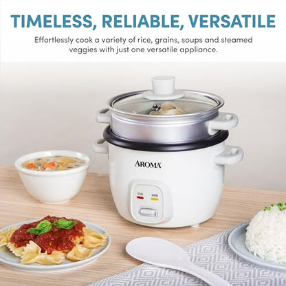 AROMA® Rice Cooker, 2-Cup (Uncooked) / 4-Cup (Cooked), Steamer, Grain Cooker, Soup Maker, Oatmeal Cooker, Auto Keep Warm, 1 Qt, White, ARC-302-1NG