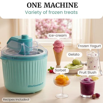 Elite Gourmet EIM1750 Self-Churning Electric 1Qt. Ice Cream Maker, Homemade Ice Cream, Gelato, Sorbet & Frozen Yogurt in Under 20 Minutes, No Ice or Salt Needed, 25+ Recipes Included, Mint