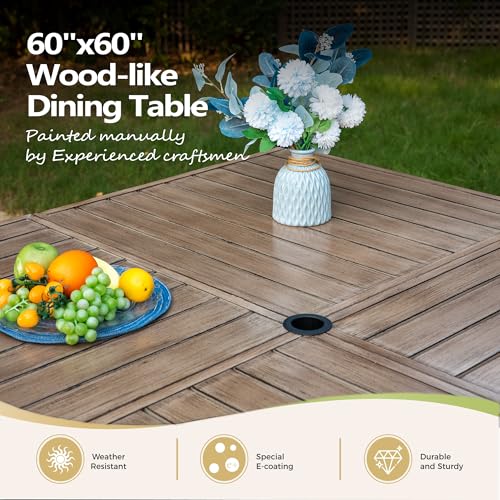 MIXPATIO 9 Pieces Outdoor Patio Dining Set, 57.5“ Metal Square Table with Umbrella Hole, 8 x Rope Rattan Swivel Chairs with 3.2" Cushion for Yard, Porch, Beige