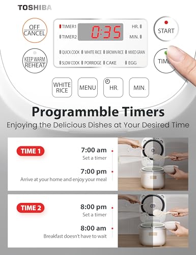 Toshiba Mini Rice Cooker, 3 Cups Uncooked Small Rice Cooker, Steamer & Warmer, With Fuzzy Logic And One-Touch Cooking, 24 Hour Delay Timer And Auto Keep Warm Feature, White
