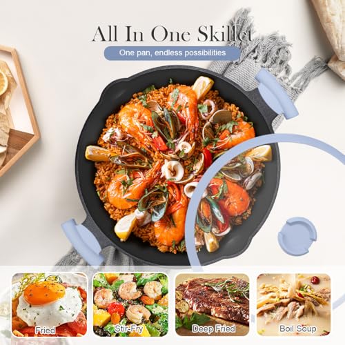 Bobikuke Large Frying Pan Skillet Nonstick with Lid, 14 Inch Deep Saute Pan, Big Induction Pan for Cooking, 2-1 Non Stick Cookware with Helper Handle, Family Size, Suitable for All Stoves, PFOA-Free