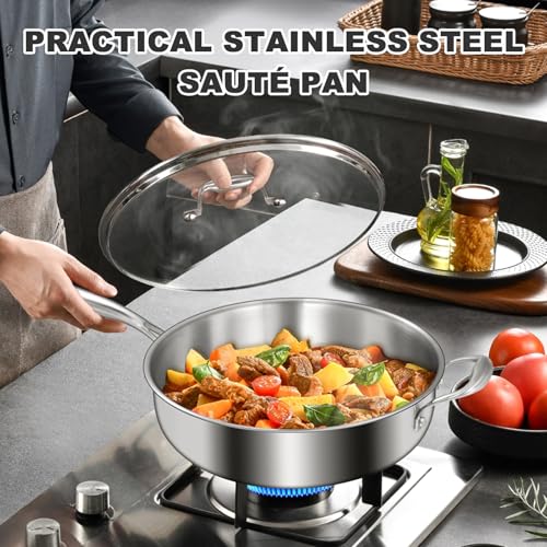 EWFEN 12 Inch Tri-Ply Stainless Steel Frying Pan, Compatible with All Cooktops Up to 600℉, Large Frying Pan with lids, Induction-Ready Skillet, Dishwasher and Oven Safe, Even Heat, 12" Pan+Handle+Lid