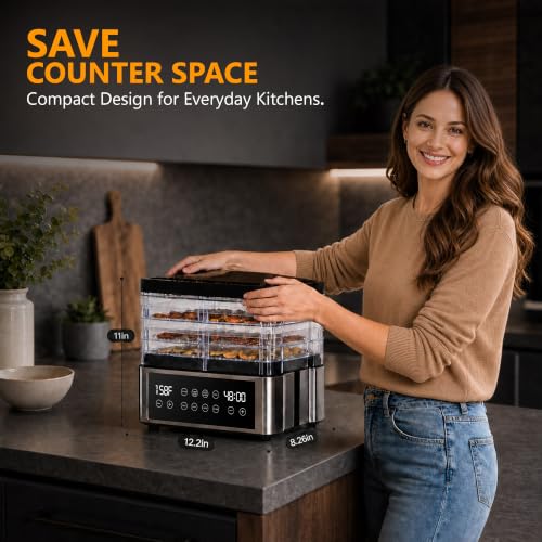 Food Dehydrator Machine with One-Touch Food Presets, 5 Stackable Drying Trays, 48H Digital Timer, 95-167°F Temperature Control, Compact BPA-Free Dehydrator for Jerky, Fruit, Herbs & Dog Treats