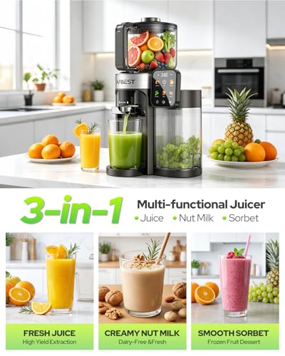 AFBEST 2026 Upgraded Cold Press Juicer Machine, 6.5" Extra Wide Chute Masticating Juicer with 100oz Self-Feeding Hopper,3-in-1 Smart Touch Slow Juicer for Sorbet & Nut Milk, High Yield, Easy Clean