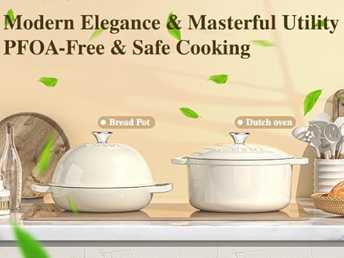 Enameled Round Cast Iron Bread Oven, 6 Qt Cast Iron Dutch Oven for Homemade Sourdough Bread Baking, Bread Pot with Dome Lid & Cotton Potholders (Cream White)