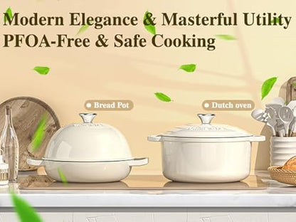 Enameled Round Cast Iron Bread Oven, 6 Qt Cast Iron Dutch Oven for Homemade Sourdough Bread Baking, Bread Pot with Dome Lid & Cotton Potholders (Cream White)