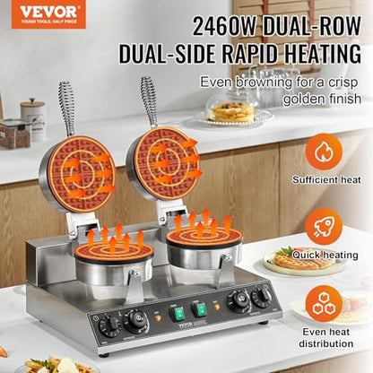 VEVOR Commercial Waffle Maker, Dual-Head Round Waffle Baker Machine, 2460W Non-Stick Stainless Steel Belgian Waffle Iron with Temp and Time Control, Handle, for Restaurant Bakery Snack Bar Family