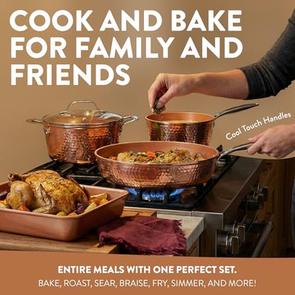 Gotham Steel Hammered 24 Pc Ceramic Cookware Set Nonstick, Induction Ceramic Pots and Pans Set Non Stick with Deep Square Pan Set & Bakeware Set, Non Toxic PFOA PFOS Free, Oven & Dishwasher Safe