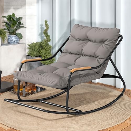 DWVO Outdoor Rocking Chair, Over-Sized Patio Rocking Chair with Removable Cushion, All-Weather Lounge Chair Outdoor Porch Rockers for Lawn, Garden, Backyard, Black