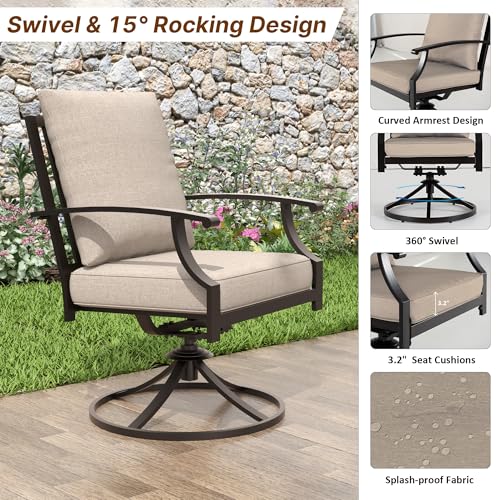 ALAULM 9-Piece Patio Dining Table and Chairs for 8 Outdoor Dining Set with 2 Swivel Chairs Patio Dining Sets with Rectangular Metal Table with Umbrella Hole for Patio, Backyard, Garden-Sand