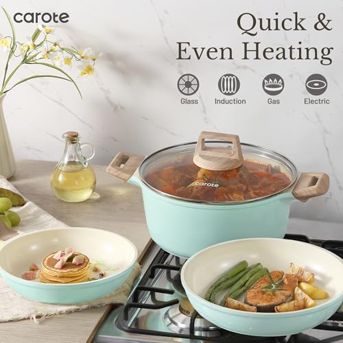 CAROTE 21-Piece Ceramic Pots and Pans Cookware Set, Non Stick Induction Cook Ware Kitchen Cooking Set Non-Toxic Health, PFAS Free