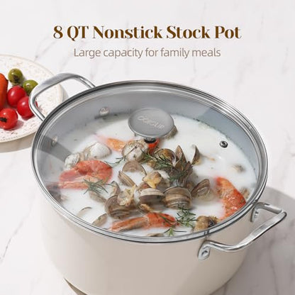 Ceramic Nonstick Stock Pot with Lid 8 QT Large Induction Cooking Pot with Stainless Steel Handles, Non Toxic Soup Pot for Stews, Oven & Dishwasher Safe, Cream White