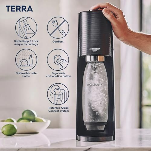 SodaStream TERRA Sparkling Water Maker, Starter Kit, CQC CO2 System, Includes 1 Quick Connect 60L CO2 Cylinder, 1 Dishwasher Safe BPA Free Bottle, 1 bubly Lime Drop, Make your own Pepsi, White