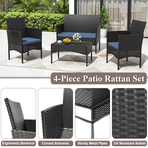 ASJMR 4 Piece Patio Rattan Conversation Set, Outdoor Rattan Chair Wicker Furniture Set, Couple Seats and Tempered Glass Table,Comfort Seat for Patio, Pool or Backyard, Navy