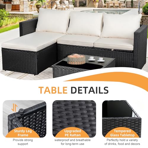 Shintenchi Outdoor Sectional Patio Furniture Set 4-Piece, All-Weather PE Rattan Sofa Couch with Cushions & Storage Coffee Table for Yard, Garden, Porch, Poolside (Beige)