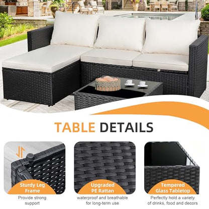 Shintenchi Outdoor Sectional Patio Furniture Set 4-Piece, All-Weather PE Rattan Sofa Couch with Cushions & Storage Coffee Table for Yard, Garden, Porch, Poolside (Beige)