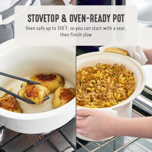 GreenLife 6QT Slow Cooker, Non-Toxic PFAS-Free Ceramic Nonstick Removable Interior Bowl, Programmable, Family Friendly, Keep Warm, Stovetop & Oven Safe, Dishwasher Safe Crock, Timer, Glass Lid, Cream