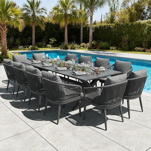 LayinSun 13 Pieces Outdoor Patio Dining Set, Aluminium Rectangular Dining Table and Wicker Rattan Chairs Set for Outside Backyard, Poolside