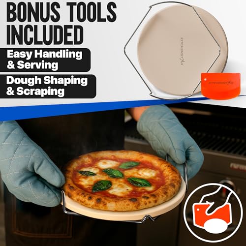 KitchenStar 12-inch Pizza Stone for Oven and BBQ Grill with Handles, Round, 5/8" Thick - Natural Cordierite, 1800 °F Resistant, Baking Stone Set with Stainless Steel Rack & Plastic Scraper Tool