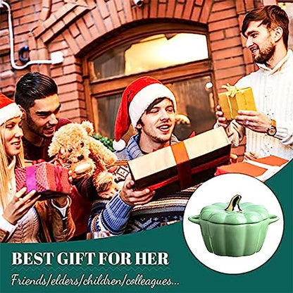 Pumpkin Pottery Dutch Oven Pot with Lid, Mini Baking Dish Casserole (Green)