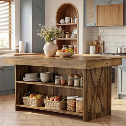Tribesigns 55-Inch Kitchen Island with Storage Shelves, Farmhouse Island Table with Seating, Counter Height Bar Table for Kitchen, Dining Room, Easy to Assemble, Rustic Brown