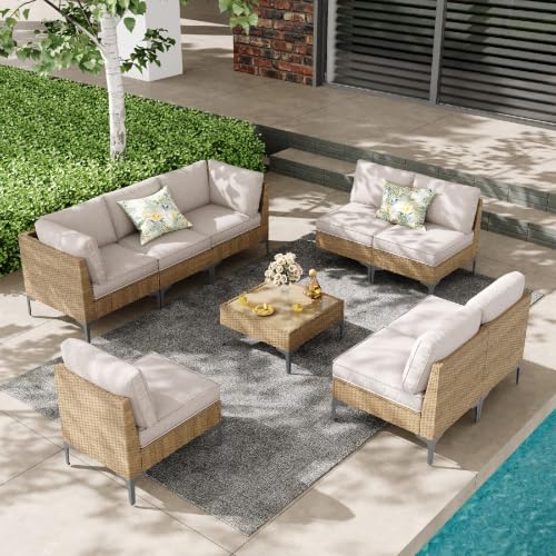 SunloungeCo 9-Piece Patio Furniture Set, Outdoor Wicker Sectional Sofa with Coffee Table, Anti-Slip & Thick All-Weather Cushions for Sunroom,Garden,Backyard, Beige