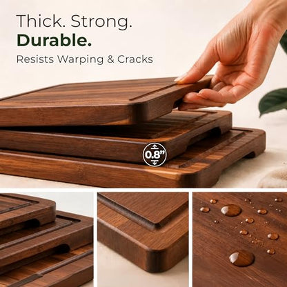 Acacia Wood Cutting Board Set of 3 with Holder, Juice Grooves & Built-in Handles - Durable, Wooden Cutting Boards for Kitchen, Perfect for Chopping, Food Prep and Serving as a Charcuterie