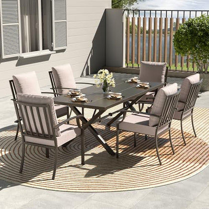 Kullavik 7 Pieces Outdoor Dining Set,Patio Dining Table and Chairs Set for 6,Fence Pattern Back Chairs with Thickened Cushions & Rectangular Metal Dining Table with Umbrella Hole for Patio,Sand