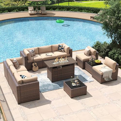 Aoxun 11 Piece Patio Furniture Set with 44" Fire Pit Table Wicker Rattan