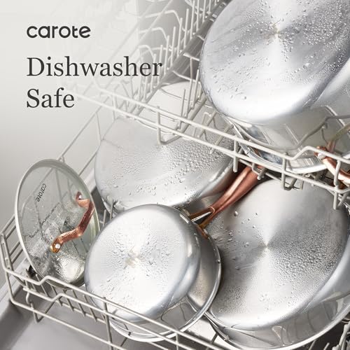 CAROTE 10" Tri-Ply Stainless Steel Deep Frying Pan with Lid, Non-Toxic Saute Pan, Oven Safe, Induction, Ceramic and Gas Cooktops Compatible, Silver
