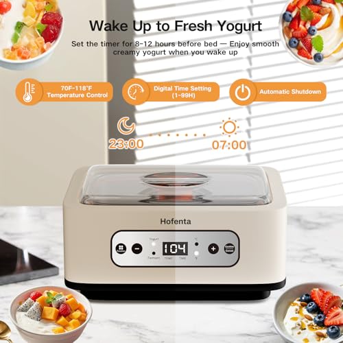 Hofenta 1.7 Quart Yogurt Maker with Stainless Steel Bowl, 9 Glass Jars, Digital Timer, Temperature Control, BPA-Free, Easy-to-Use, Family-Sized for Homemade Probiotic Yogurt, Dishwasher Safe