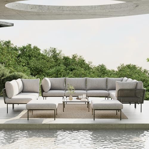 Vakollia 11 Piece Modern Outdoor Rope Wicker Sectional Set, Patio L-Shaped Conversation Sofa Set with Deep Seating with Thick Cushions