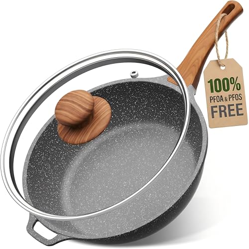 YASHE 12 Inch Nonstick Saute Pan with Glass Lid, 5 QT Large Deep Skillet & Frying Pan, Healthy Granite Stone Cookware for Family, One Pan Replaces Five, Induction Compatible, PFOA Free