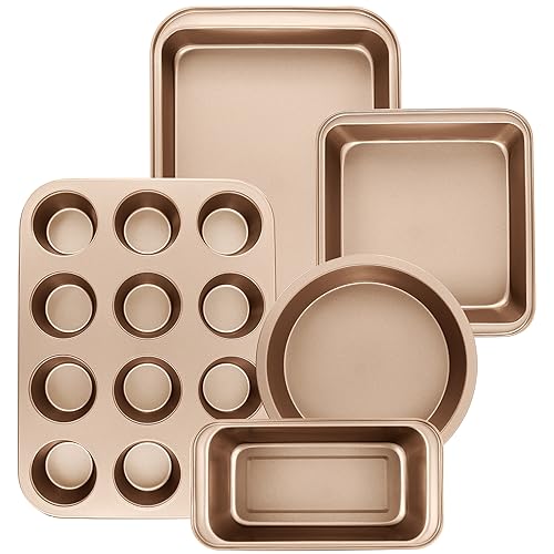 Nonstick Baking Pans Set, 5-Piece Kitchen Baking Sheets for Oven, Bakeware Sets with Round/Square Cake Pan, Muffin Pan, Loaf Pan, Roast Pan, mobzio Cookie Sheet Set Baking Supplies (Champagne Gold)
