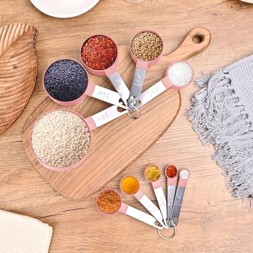 Measuring Cups and Spoons Set, 10 Pieces Nesting Measure Tools, Kitchen Essentials Gadgets with Stainless Steel Handle for Dry & Liquid Ingredient, Pink