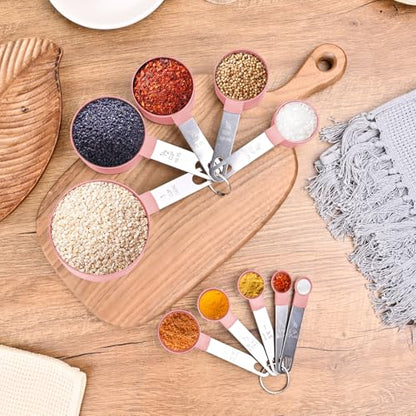 Measuring Cups and Spoons Set, 10 Pieces Nesting Measure Tools, Kitchen Essentials Gadgets with Stainless Steel Handle for Dry & Liquid Ingredient, Pink