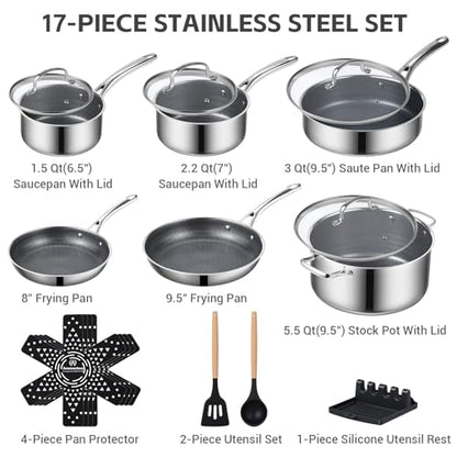 Ammeloo 17 Pcs Nonstick Stainless Steel Cookware Set, Hybrid Stainless Steel Pots and Pans Set Non Stick, Non Toxic Kitchen Cookware Sets, Dishwasher & Oven Safe, Induction & All Cooktop Compatible