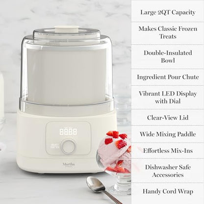 Martha Stewart Ice Cream Maker, 2 Quart Double-Insulated Freezer Bowl, Sorbet & Frozen Yogurt, Ready in 20 Minutes, Mix-Ins Chute, Easy to Clean, Linen Cream