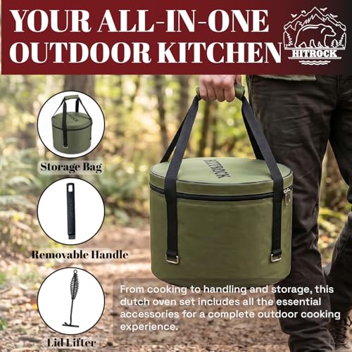 HITROCK Cast Iron Camp Dutch Oven with Legs 9QT, Pre-Seasoned Camping Dutch Oven with Lid, Outdoor Pot with Lid Lifter, Storage Bag & Handle for Camping, Baking, Grilling, Rounded-square Shape