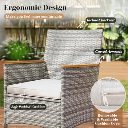 COSTWAY 9-Piece Patio Dining Set for 8, Outdoor Rattan Wicker Table and Chairs Furniture Set with Umbrella Hole, Acacia Wood Tabletop for Backyard, Balcony, Poolside, Grey & White