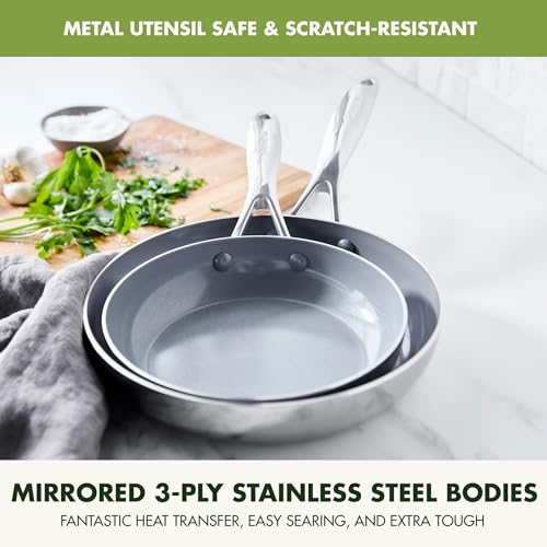 GreenPan Valencia Pro Tri-Ply Stainless Steel 8” & 10” Frying Pan Skillet Set, PFAS-Free Ceramic Nonstick Coating, Induction Ready Cookware, All Cooktops, Eggs & Omelets, Dishwasher & Oven Safe 600F